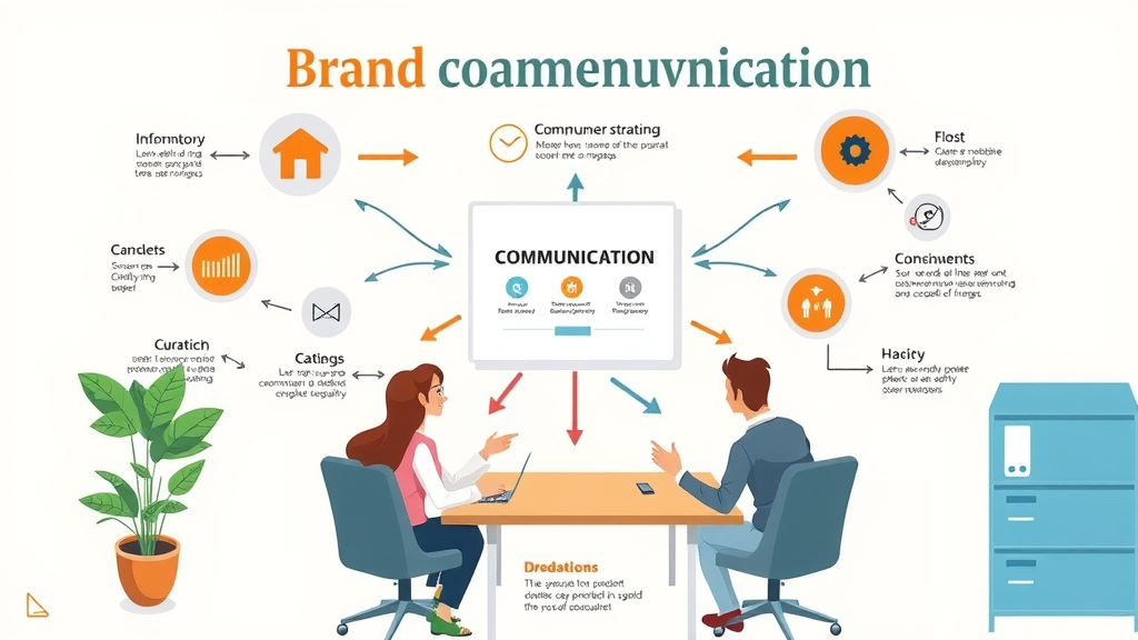 brand communication strategy infographic vibrant icons arrows clean office bright neutral background highly detailed