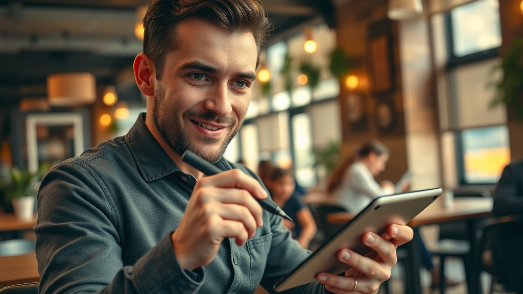 Creative copywriter writing catchy ad headlines and CTAs for social media ads on a digital tablet