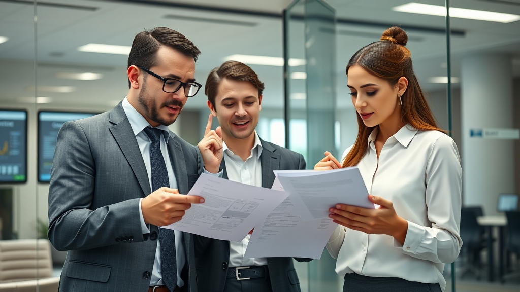 Business team comparing written brand voice documents, voice consistency in action