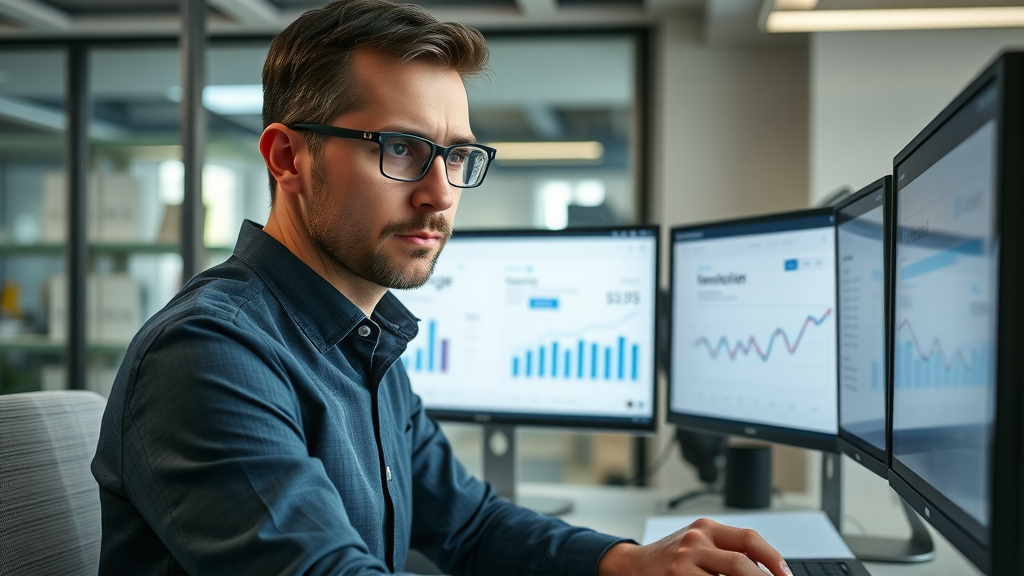 Thoughtful advertiser reviewing e-commerce google ads campaigns dashboard with Merchant Center integrations, google ads campaigns