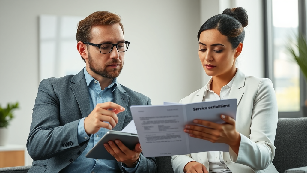Experienced consultant and client discussing online reputation management company options, reviewing documents in well-lit office