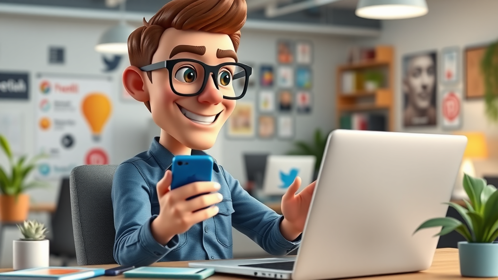 confident social media manager at work multitasking with a laptop and smartphone in coworking space with branding elements and digital devices