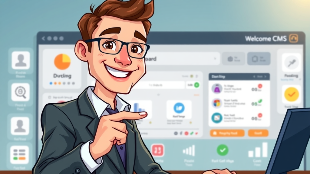 Welcoming CMS dashboard with business person easily navigating drag-and-drop options; management system accessibility for non-coders.