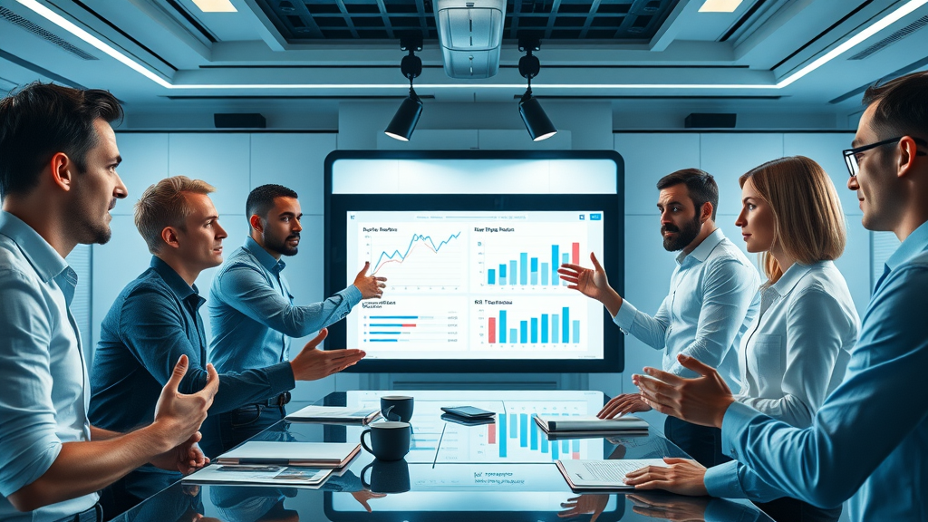 Innovative marketing team collaborating on A/B test results of retargeting ads, with digital whiteboards displaying creative variations and performance results