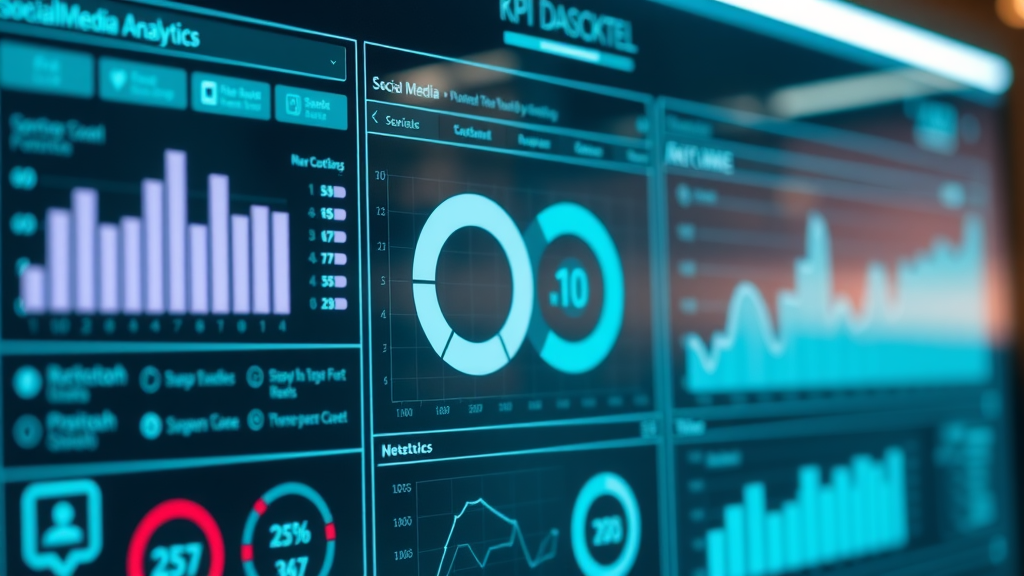 kpi social media analytics dashboard, modern digital display with glowing UI metrics