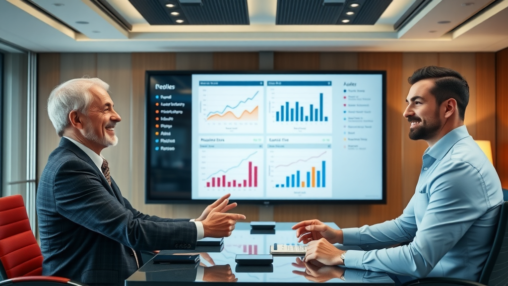 executives review charts showing retargeting platform results before and after, sales graphs