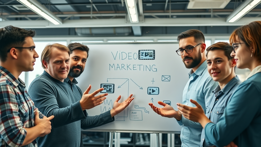 Dynamic marketers brainstorming video marketing strategies around a digital whiteboard in a tech-savvy workspace with floating video icons