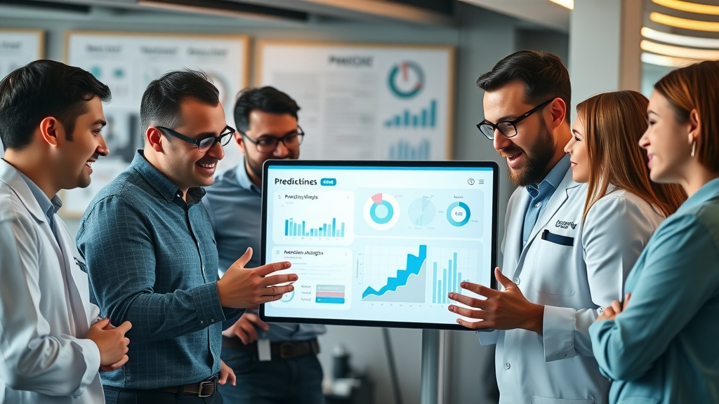 AI data scientists, marketers collaborating on predictive analytics dashboard for campaign planning