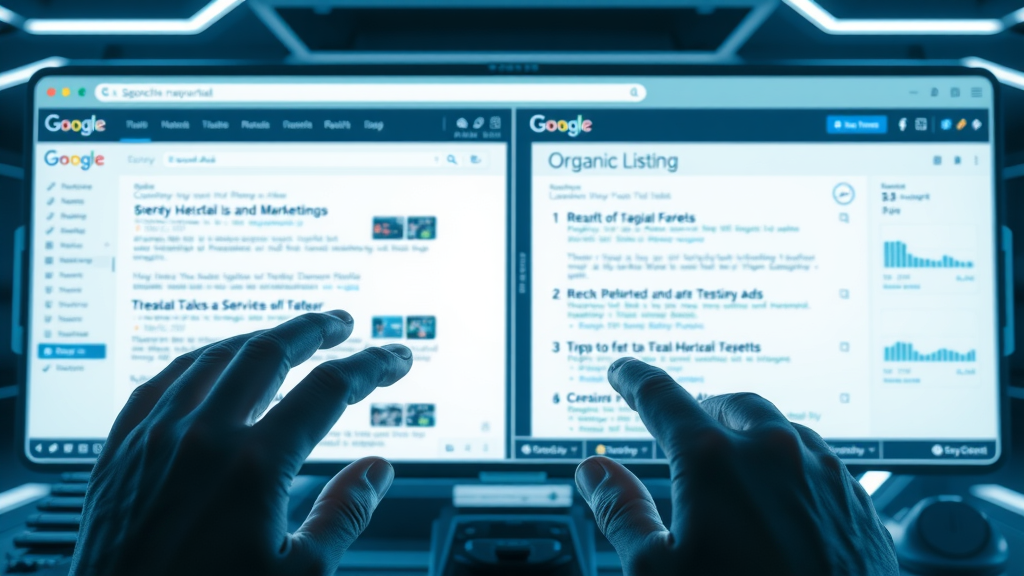 Split-screen visualization of search engine results page with paid ads and organic listings, paid search and organic search comparison