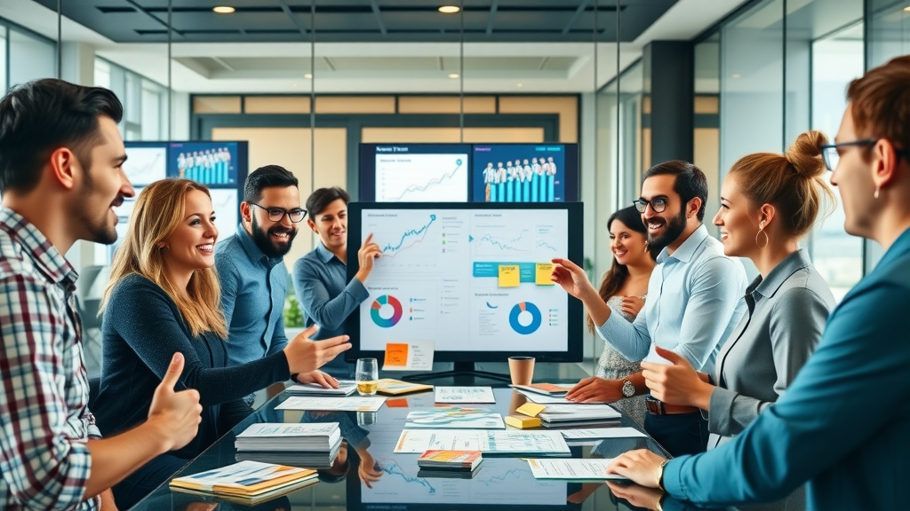 motivated marketing team brainstorming social media campaign strategy in a modern glass conference room
