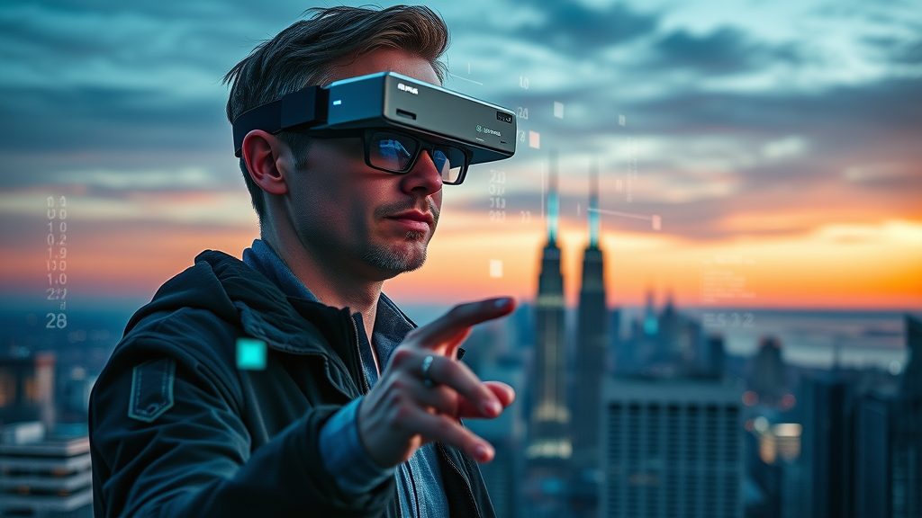 marketer using AR glasses with futuristic digital marketing data overlays
