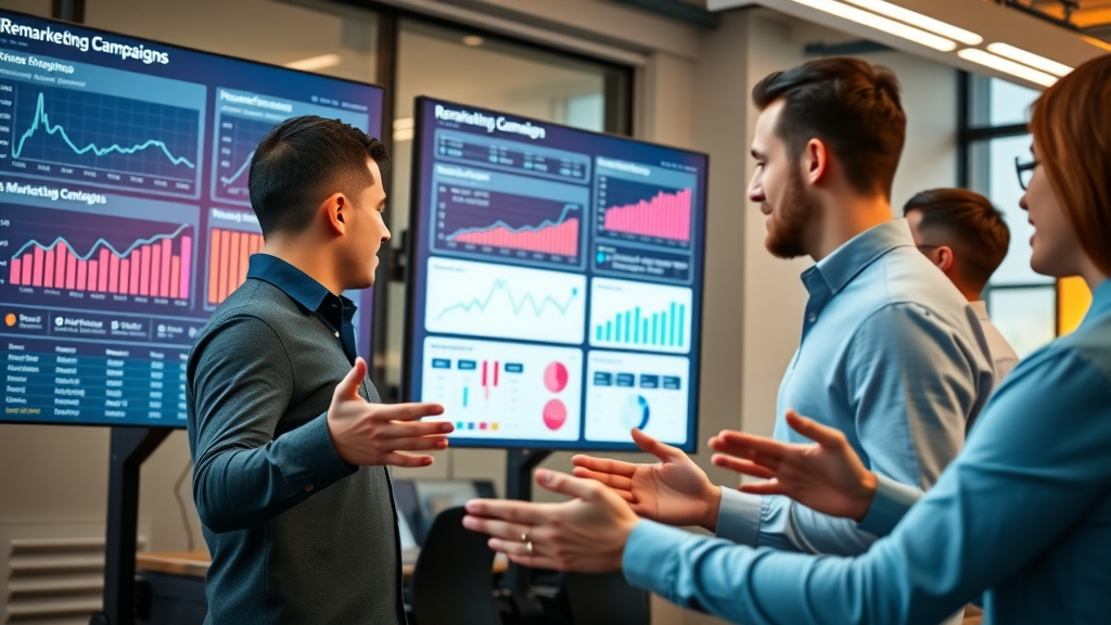 digital marketing workspace showcasing remarketing techniques, professionals analyzing campaign dashboards and conversion graphs in a modern office