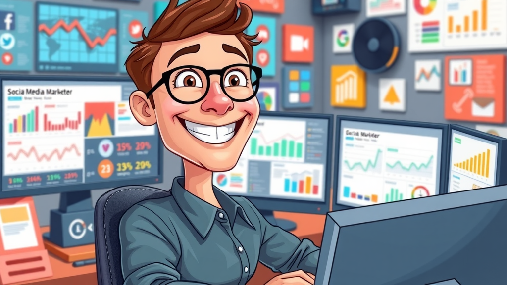 smiling social media marketer managing campaign dashboards for effective marketing strategy