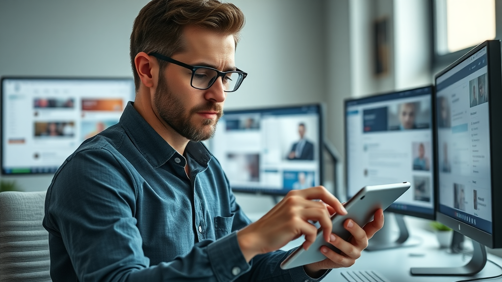 Marketer reviewing influencer marketing and social media profiles for campaign strategy
