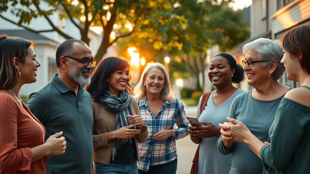 vibrant neighborhood community, community management, engaged residents at sunset