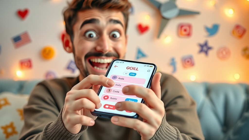 Excited smartphone user engaging with a social media quiz, short video format, poll interaction, social media content, media platforms