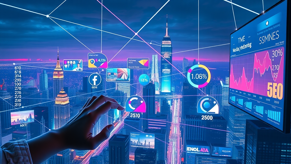 multi-channel marketing dashboard: social media, email, paid ads, SEO analytics data, cityscape with digital billboards