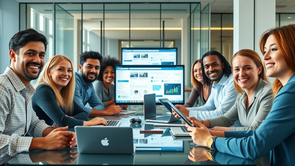 Inspiring team of diverse marketing professionals discussing social media strategy; modern office, digital screens showing social media dashboards