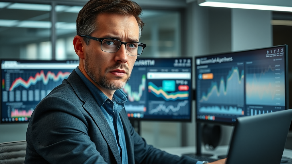 marketer analyzing social media algorithm changes with data on tech office screens