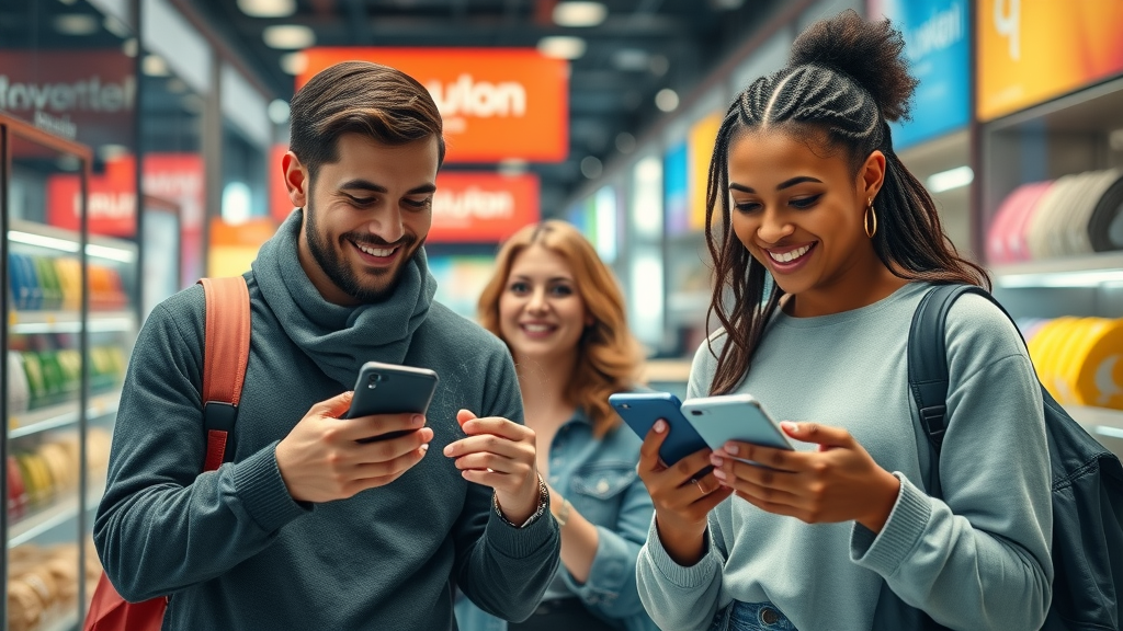 happy customers engaging with personalized ai marketing on smartphones, showcasing customer journey optimization through artificial intelligence