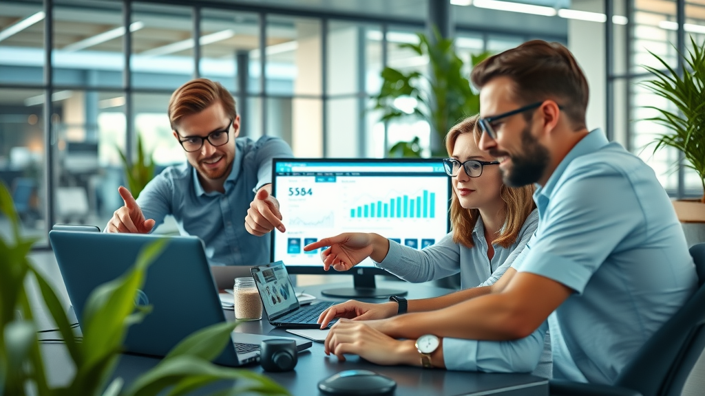 search engine optimization digital marketing team collaborating on laptops and analyzing data screens in a modern high-tech office