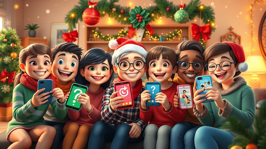 Festive team making holiday-themed media posts, group using trending hashtags, content ideas for social media content, media content, social media platform