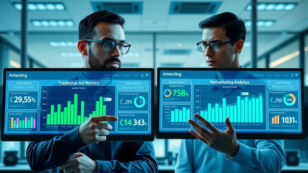 split screen of traditional ad metrics vs advanced remarketing analytics, highlighting campaign performance differences for marketing teams