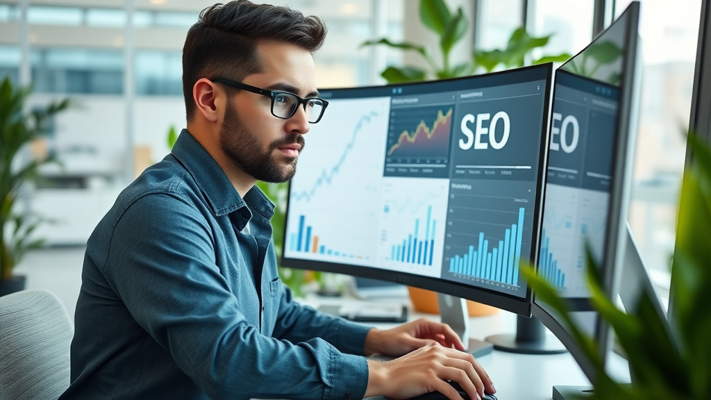 Modern digital marketer analyzing SEO graphs on desktop monitor using SEO tools