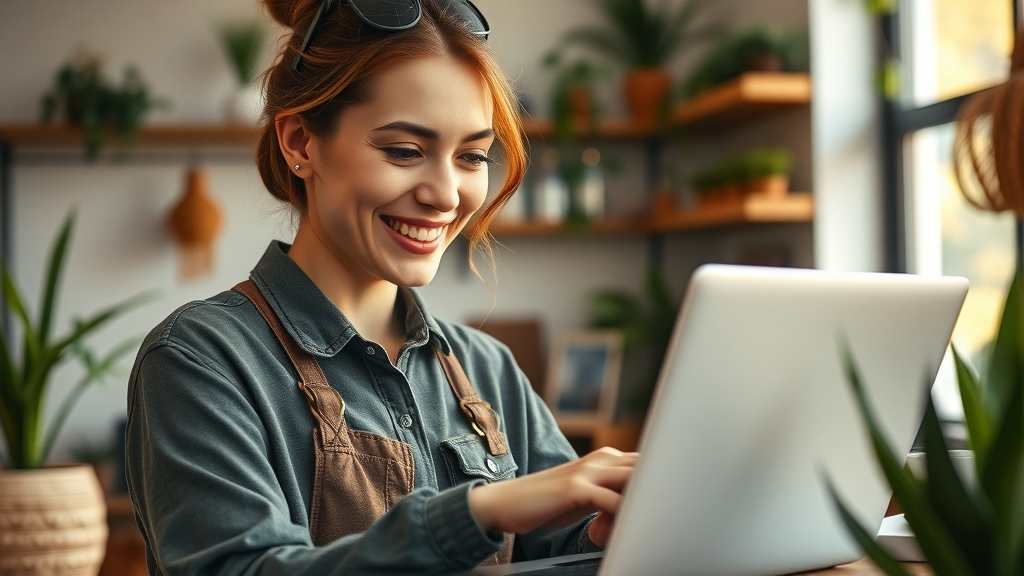 Small business owner reading an automated welcome email in a cozy store