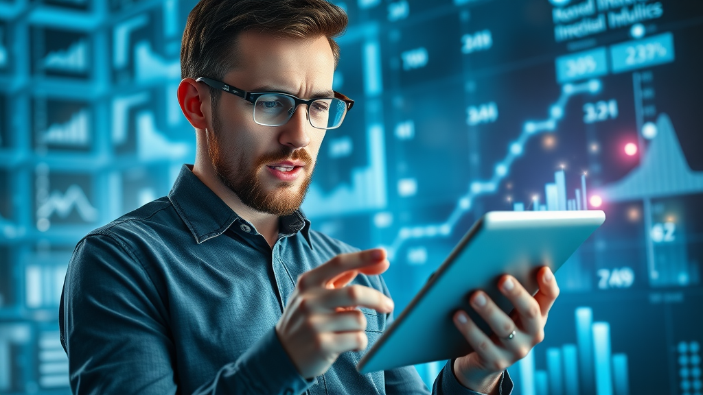 marketer interpreting social media analytics report on digital tablet with animated data streams