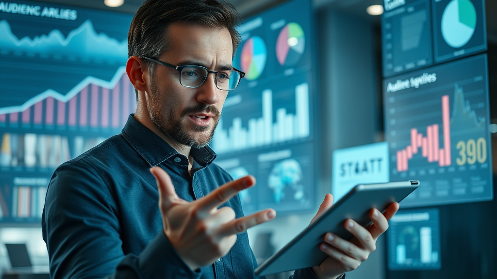 insightful business analyst reviewing data charts and audience segments for marketing strategy