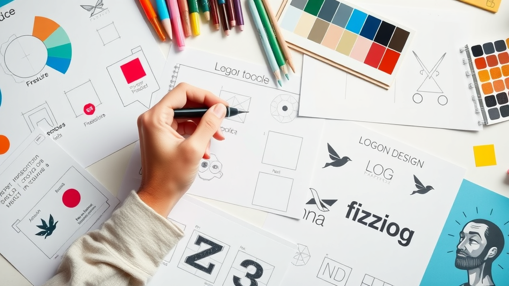 Brand identity concept: Logo design sketches, color swatches, font samples for identity design