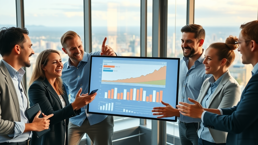 Diverse business team collaborating around a digital dashboard displaying upward trending keyword research analytics