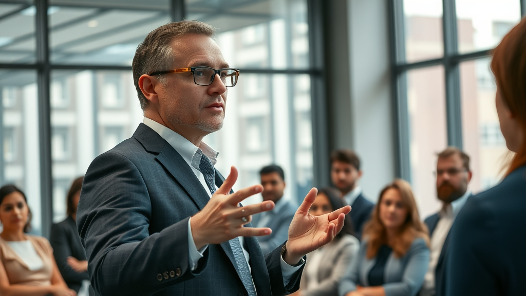 Business leader presenting brand purpose and mission statement to target audience for brand identity