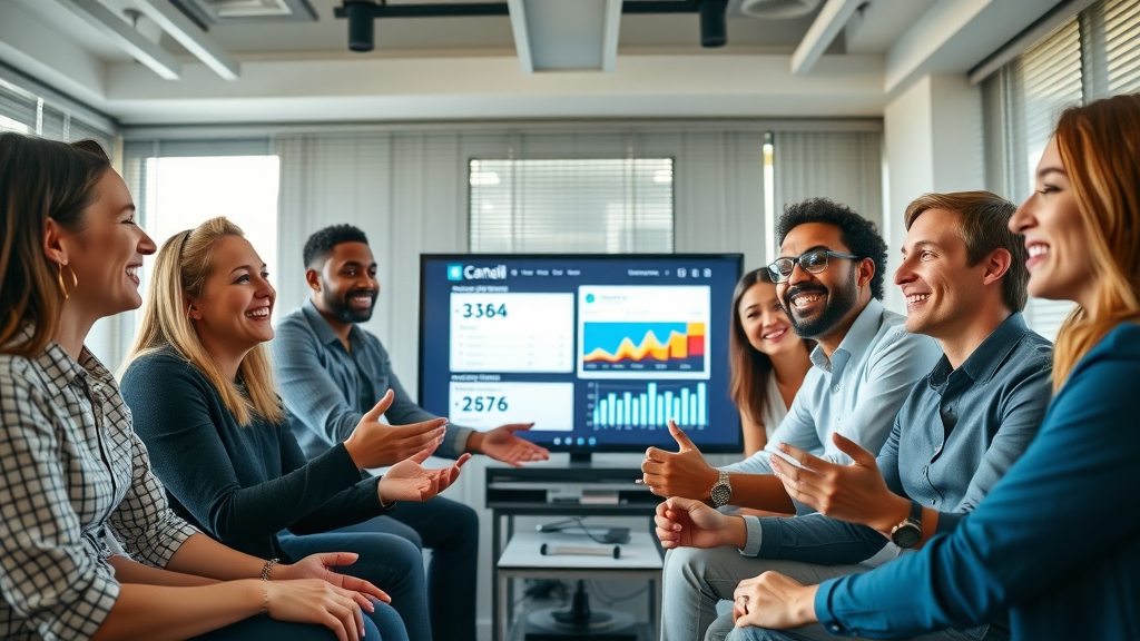 Diverse marketing team celebrating video marketing campaign results — marketing team, video marketing tools, campaign success