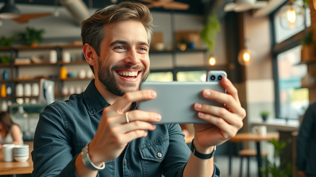 Social media influencer recording content in lively urban cafe