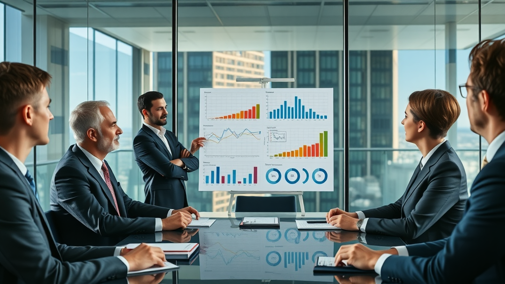 executive boardroom with marketing manager presenting colorful metric charts to stakeholders