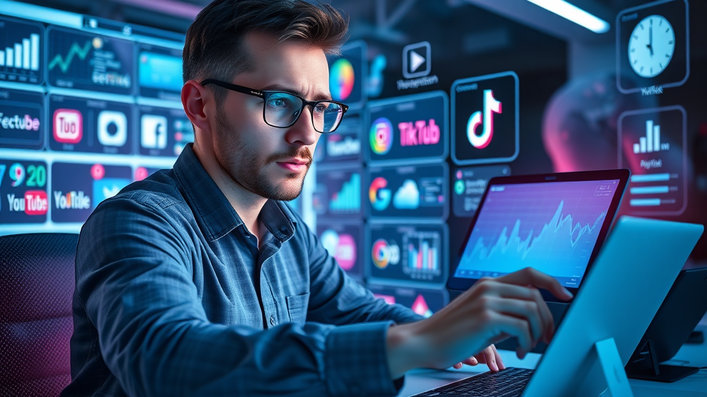 social media video analytics - modern marketer switching between Facebook, Instagram, YouTube, TikTok analytics dashboards in a high-tech workspace