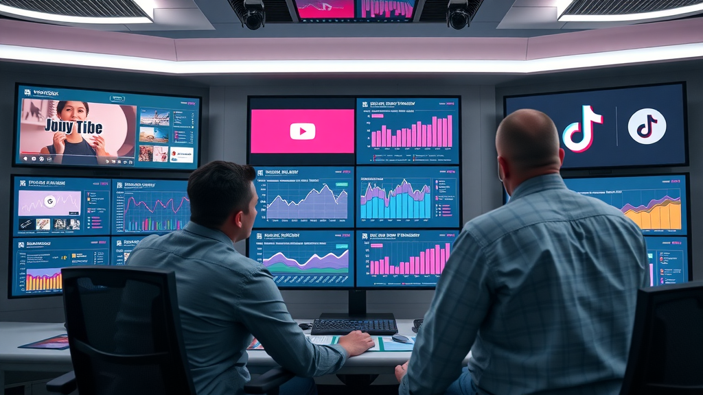 Digital marketing dashboard comparing YouTube, Vimeo, Facebook, and TikTok analytics — video platform, marketing platform, video marketing tools