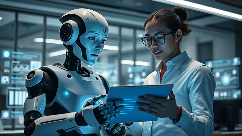 innovative AI robot and marketer collaborating on generated content creation for marketing trend