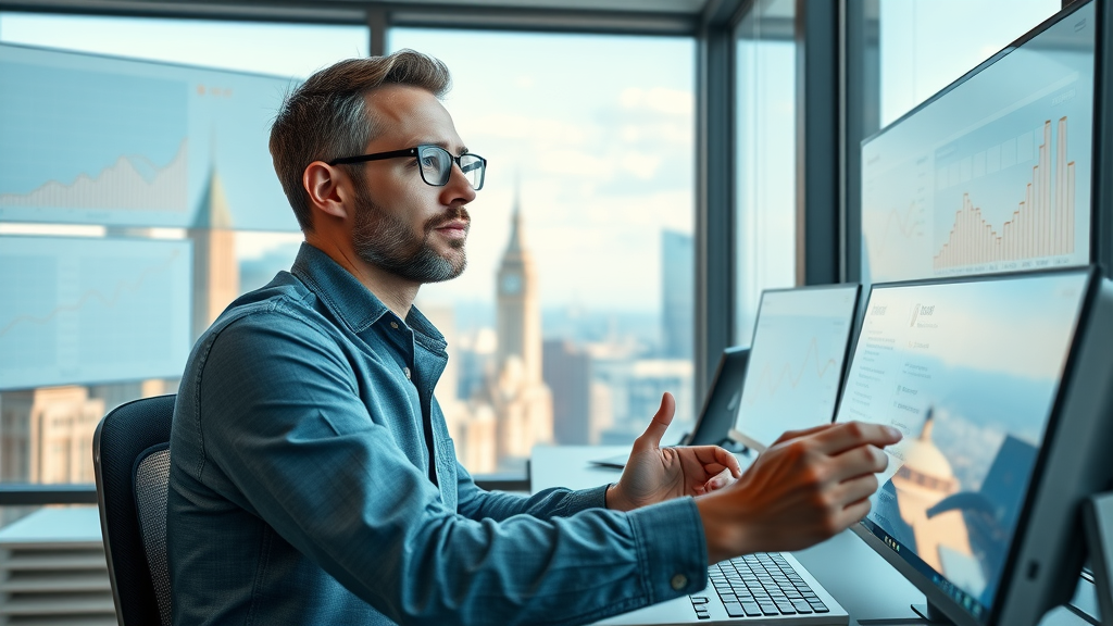 Professional marketer analyzing real-time social media updates at big digital dashboard, staying ahead with social media news, social media platforms