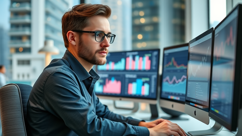 Dynamic digital marketer analyzing pay-per-click campaign performance on a computer screen with data visualization in a modern city office.