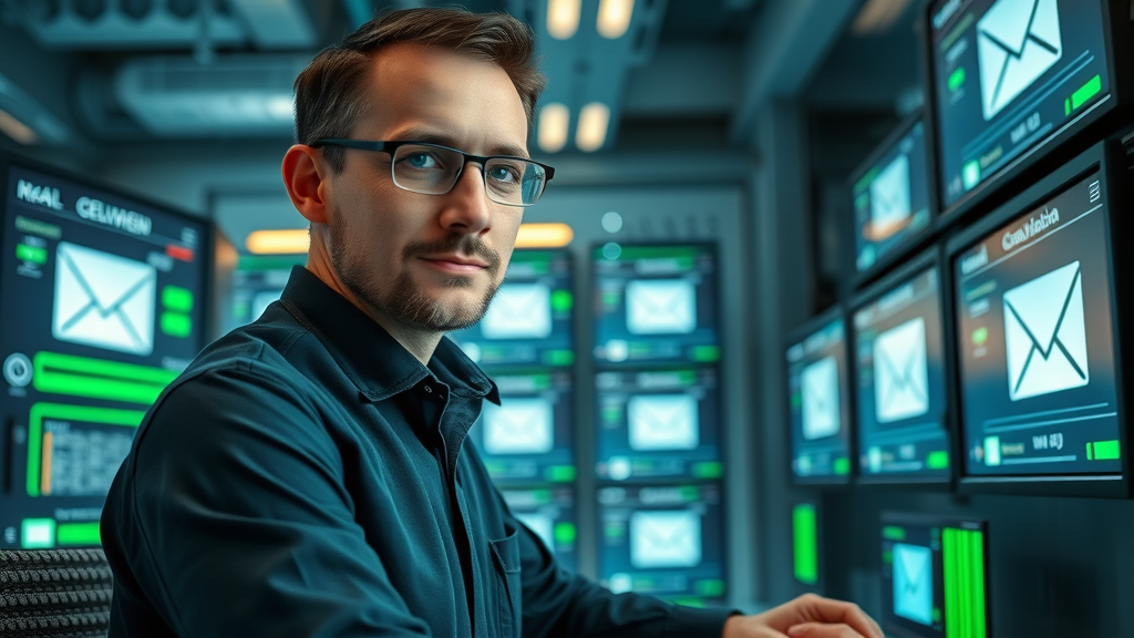System admin monitoring email deliverability with green checkmarks and reliable server