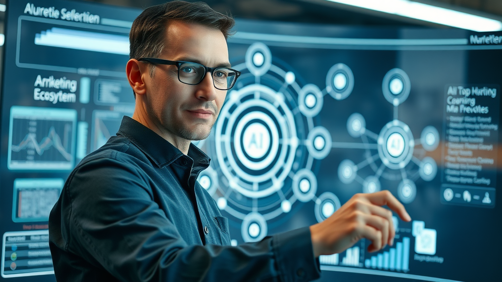 Marketing analyst managing interconnected AI marketing tools on a digital touchscreen, showcasing an integrated AI ecosystem with glowing nodes and network visuals for market strategy