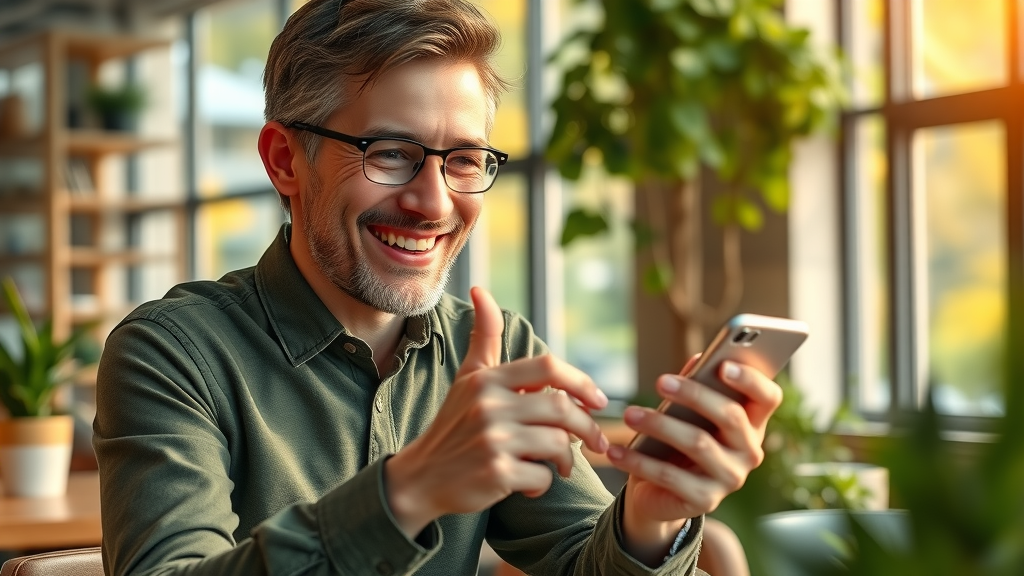Satisfied customer writing positive review after good online reputation management, cheerful café setting