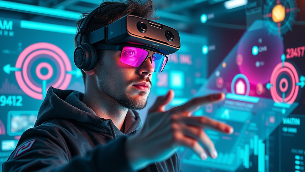 Futuristic digital marketer orchestrating AR/VR and AI-powered social media ads in a virtual environment