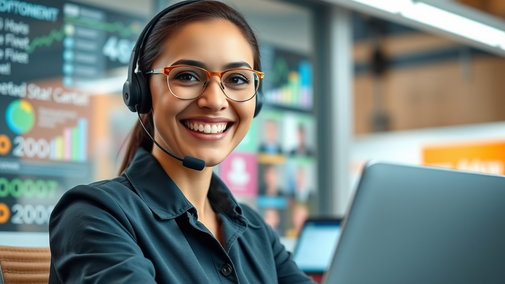 Satisfied customer service agent delivering support via CRM platform in a modern customer care center