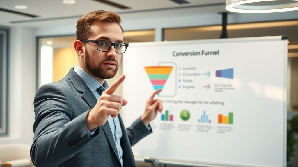 professional marketer pointing at a digital conversion funnel diagram for sales funnel optimization