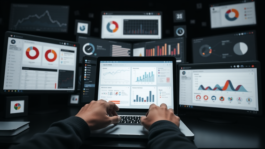 Content marketing tools: Collage of dashboards from leading platforms in a minimalist creative workspace.