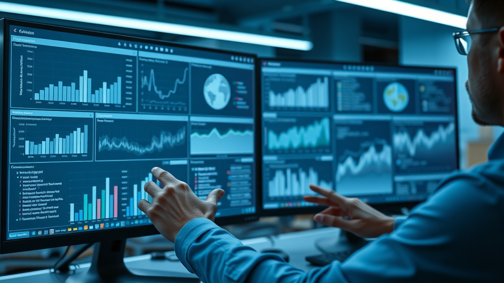 Online brand reputation management dashboard, strategist reviewing real-time analytics on dual monitors